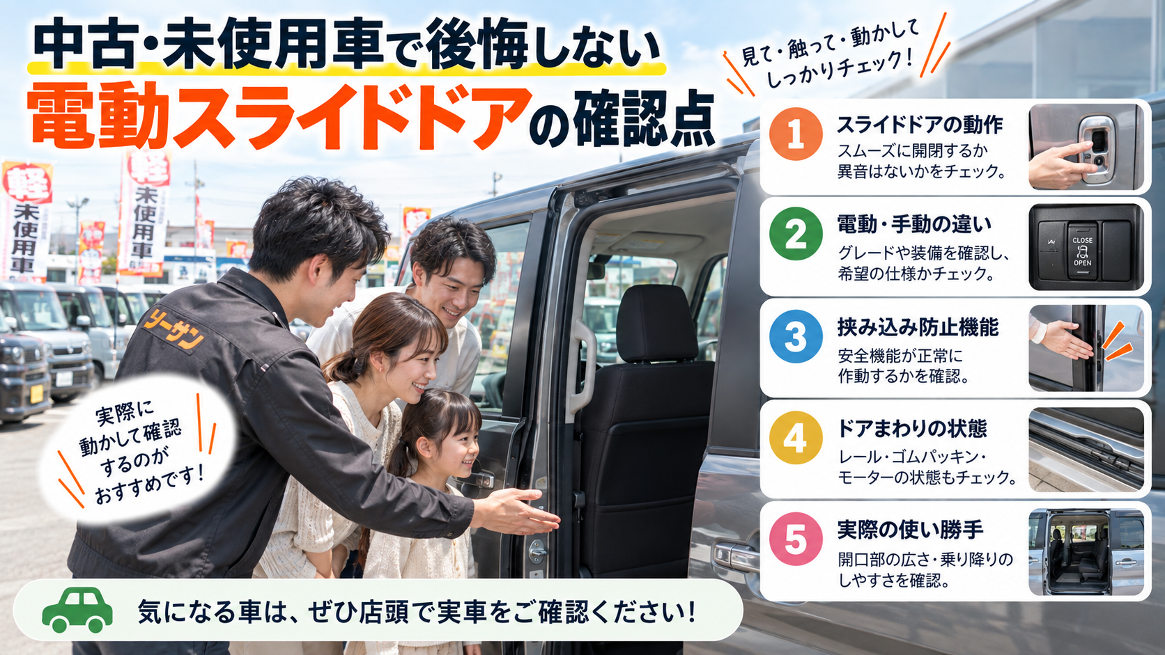 中古・未使用車で後悔しない電動スライドドアの確認点