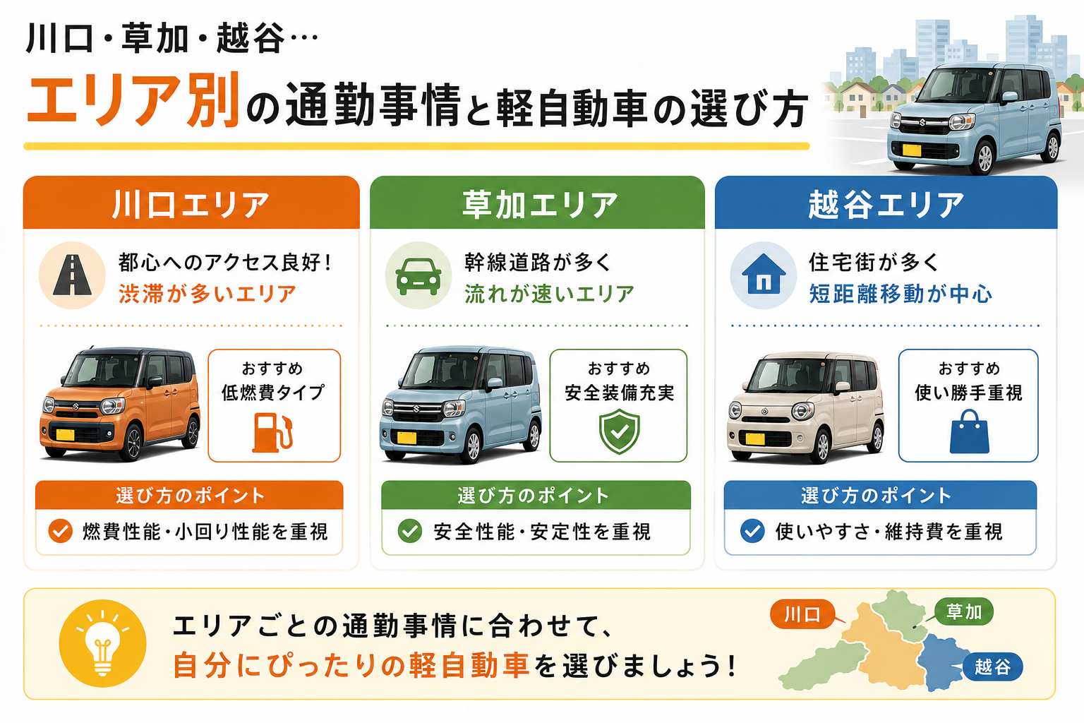 川口・草加・越谷…エリア別の通勤事情と軽自動車の選び方