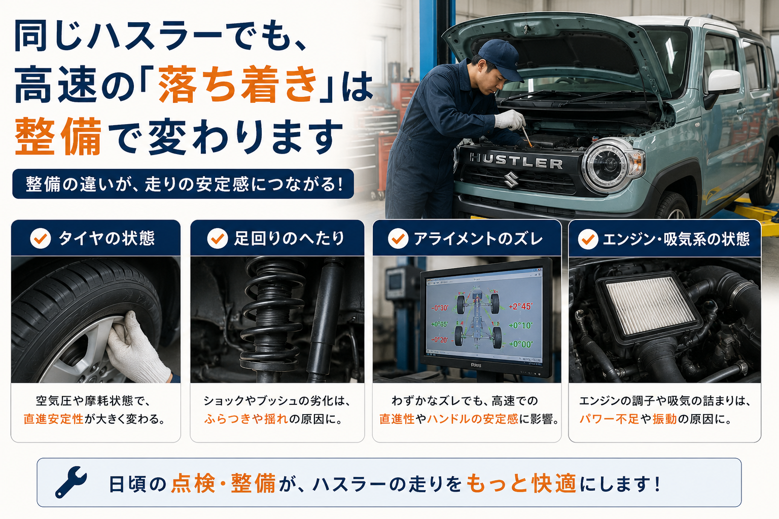  同じハスラーでも高速の落ち着きが違う理由を、整備の現場から