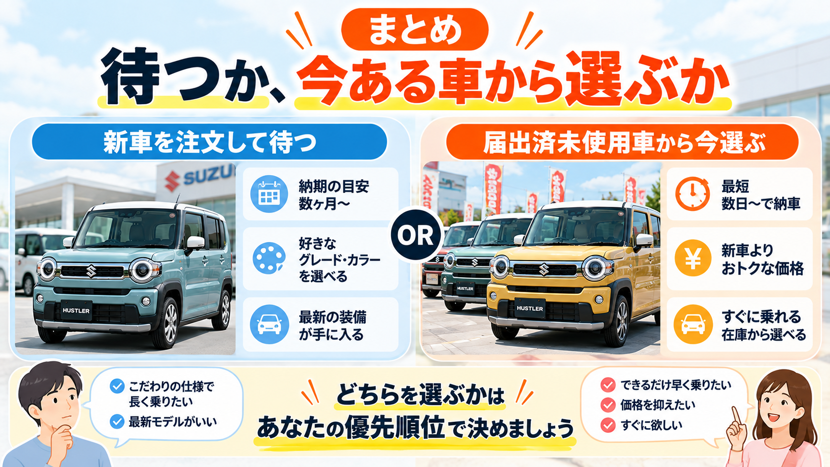 まとめ｜待つか、今ある車から選ぶか