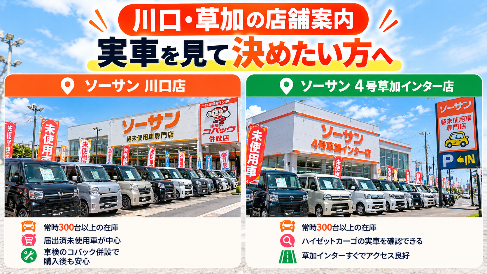 川口・草加の店舗案内｜実車を見て決めたい方へ
