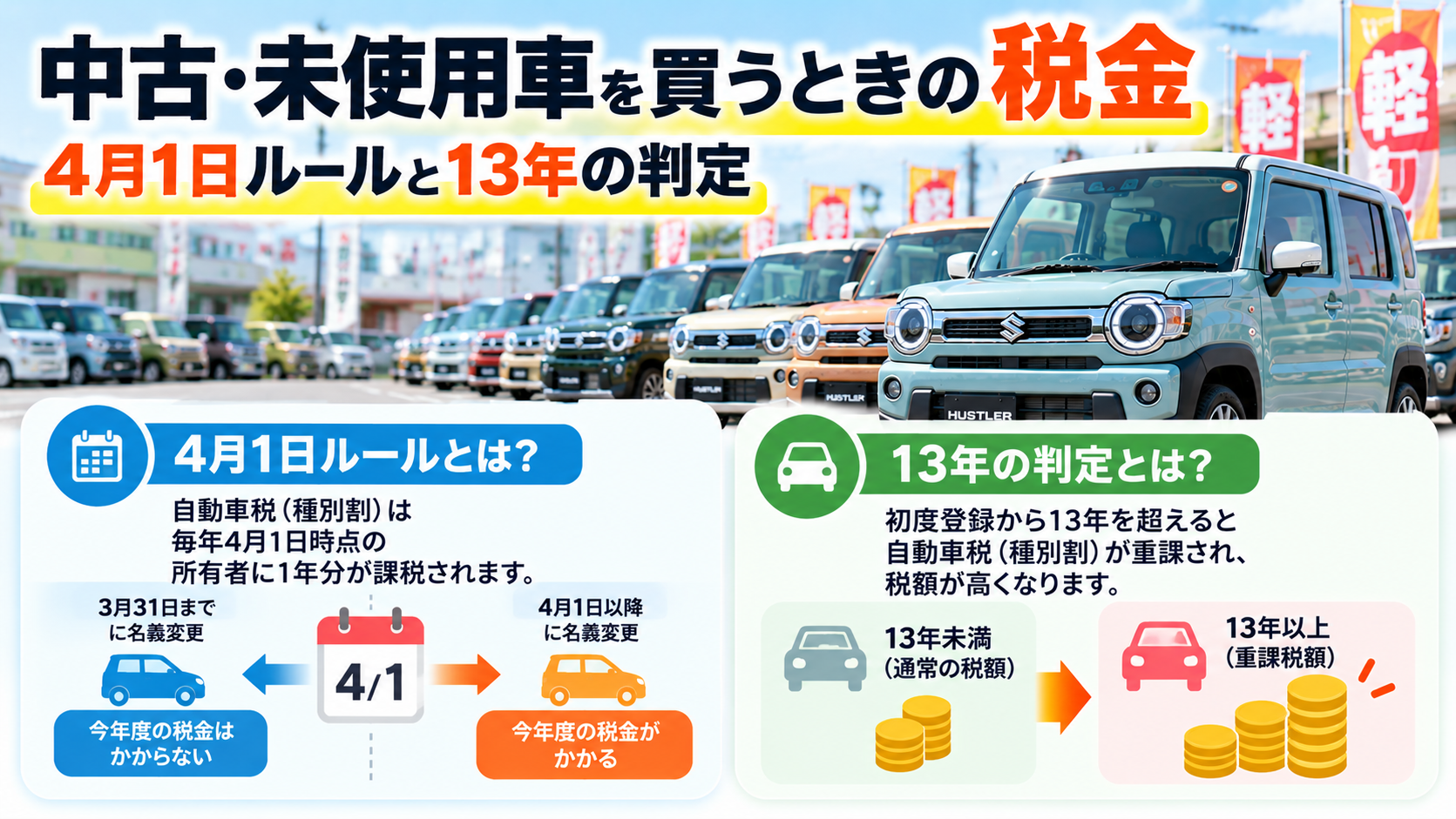 中古・未使用車を買うときの税金｜4月1日ルールと13年の判定