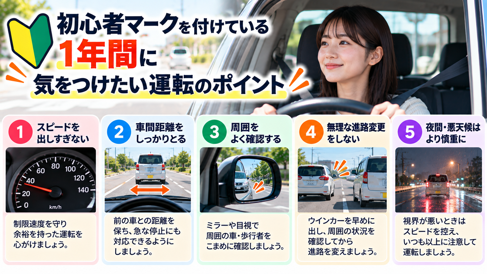 初心者マークを付けている1年間に気をつけたい運転のポイント